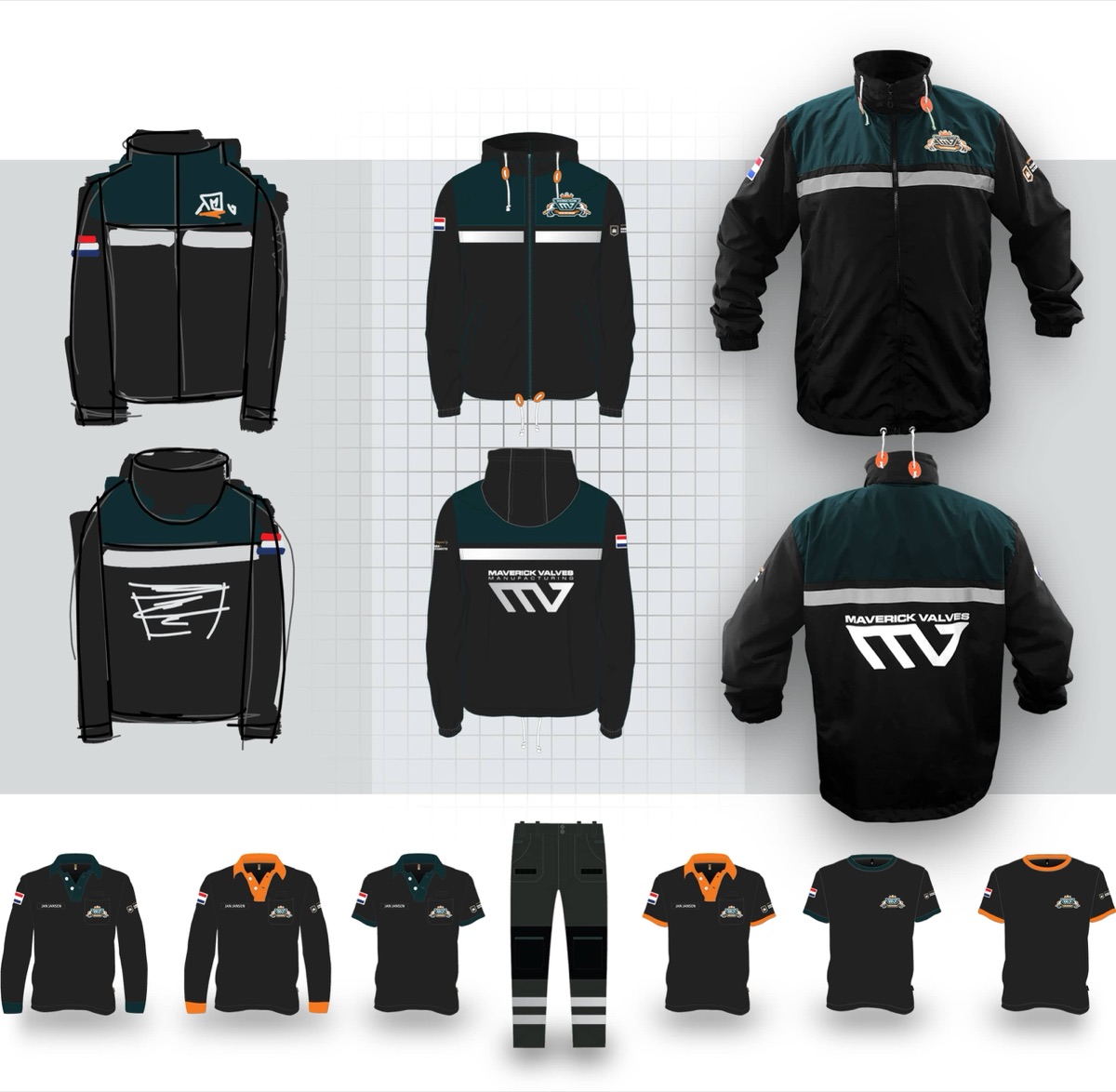 Bedrijfskleding voor Maverick Valves: jassen, hoodies, polo's en broeken in één lijn