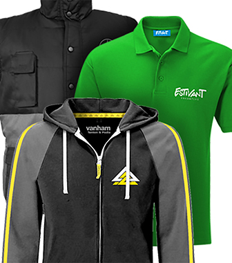 Op maat gemaakte bedrijfskleding: hoodie met logo, poloshirt en bodywarmer in de huisstijl van een bedrijf