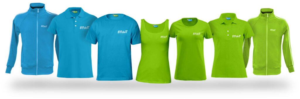Kledinglijn in dezelfde huisstijl: vesten, poloshirts, T-shirts en een top met hetzelfde logo in twee kleuren
