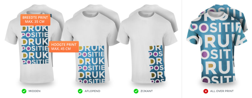 Drukposities op een T-shirt: midden (max. 35 × 45 cm), aflopend en zijkant mogelijk; all-over print niet bij omlabelen