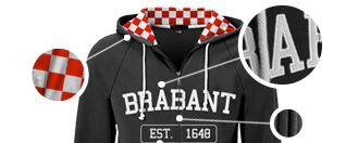 Sample van een hoodie met uitvergrote details van voering en borduring