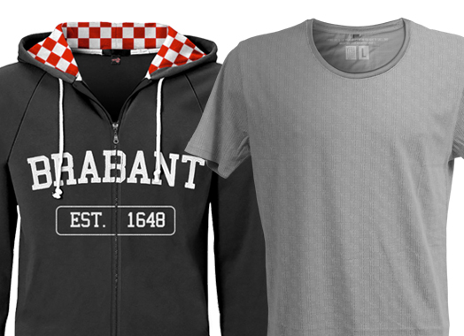 Op maat gemaakte hoodie met geblokte capuchonvoering naast een T-shirt