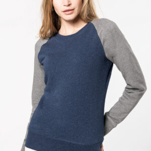 Tweekleurige damessweater French Terry BIO ronde hals raglanmouwen - K492